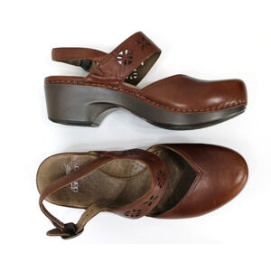 Dansko Women's Trista Mary Jane Leather Cutout Clog Heel Sandals Brown Size 40